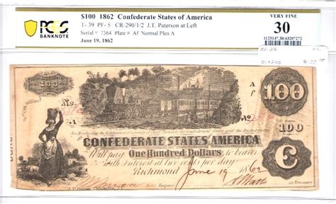 1862 U S 100 Confederate States Note Richmond Va Pcgs Vf30