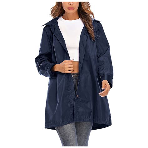 Women Solid Rain Jacket Outdoor Hoodie Waterproof Long Coat Overcoat