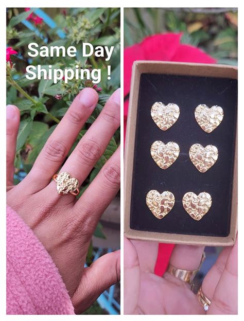 10k Solid Gold Nugget Heart Love Ring For Womengirl Gold Layered Heart