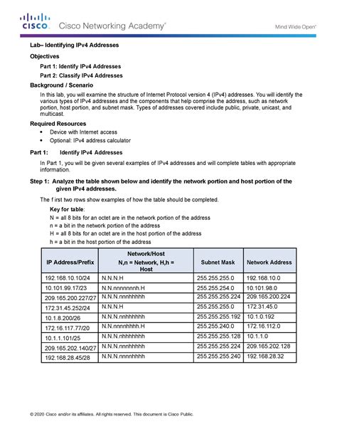 Lab 1 2 Identifying IPv4 Addresses 2020 Cisco And Or Its Affiliates