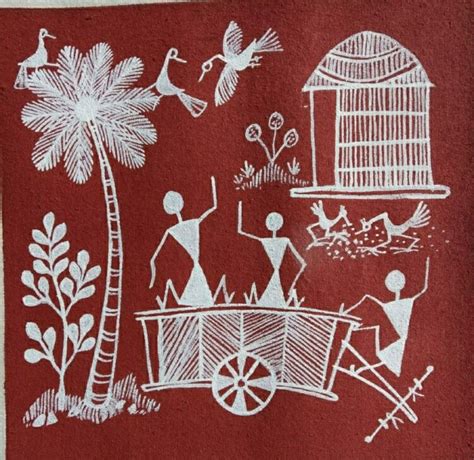 Bullock Cart Fun Warli Painting 15 X 10 International Indian