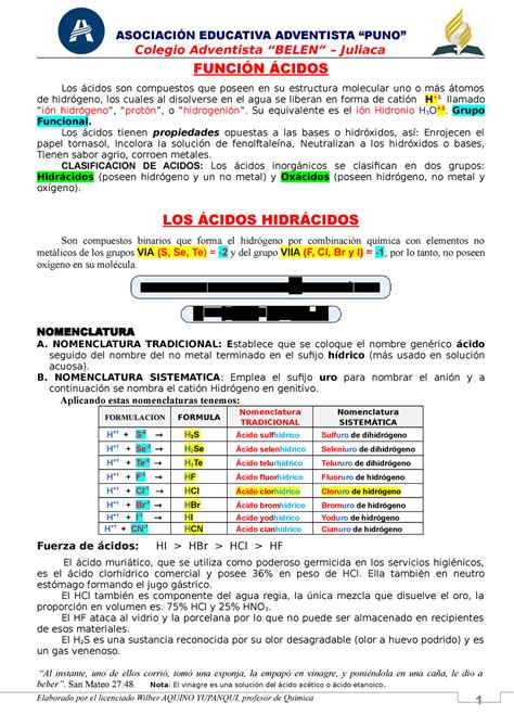 Funci N Cidos Hidr Cidos Asociaci N Educativa Adventista Puno