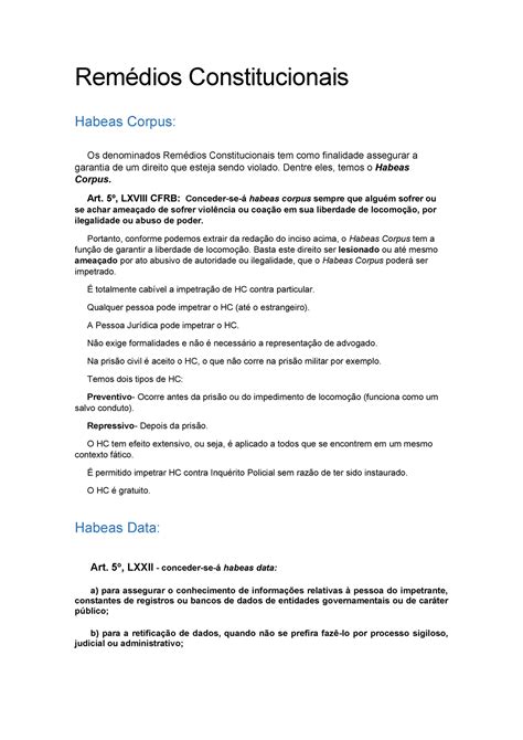 Rem Dios Constitucionais Resumo Rem Dios Constitucionais Habeas