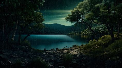 Calm Nightfall Rain Embracing Dusks Harmony At The Forest Lake