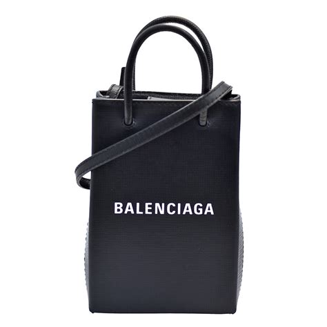 Balenciaga 經典白色字母logo小牛皮手提斜背手機包黑 歐系精品包配件 Yahoo奇摩購物中心