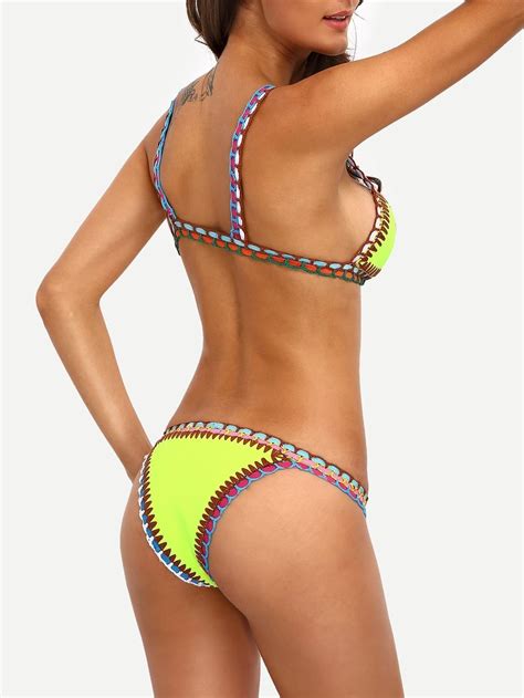 Crochet Trim Fluorescent Green Bikini SetFor Women Romwe