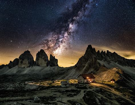 Nature Landscape Milky Way Galaxy Mountains Starry Night Cabin