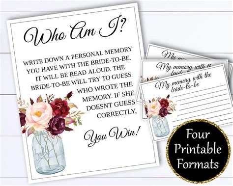 Floral Who Am I Bridal Shower Games Instant Download Who Am I Game Bridal Shower Printable