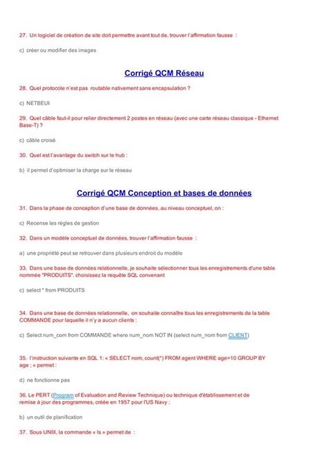 Corrigé Qcm Initiation Informatique Sgbd Réseau Internet