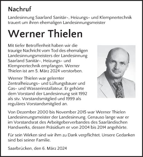 Traueranzeigen Von Werner Thielen Saarbruecker Zeitung Trauer De