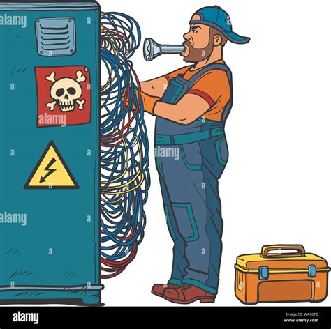 Electrician Technician Repairs Wires Pop Art Retro Vector Illustration