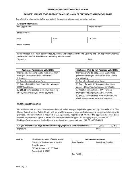 Illinois Farmers Market Food Product Sampling Handler Certificate Application Form Fill Out