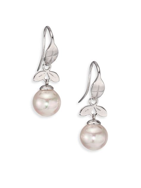 Lyst Majorica 10mm White Pearl And Sterling Silver Leaf Drop Earrings In Metallic