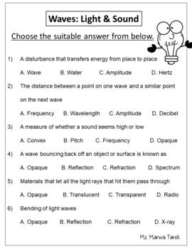 Waves: Light & Sound {Grades 4-6} {Worksheets} - Ms Marwa Tarek | Quiz ...