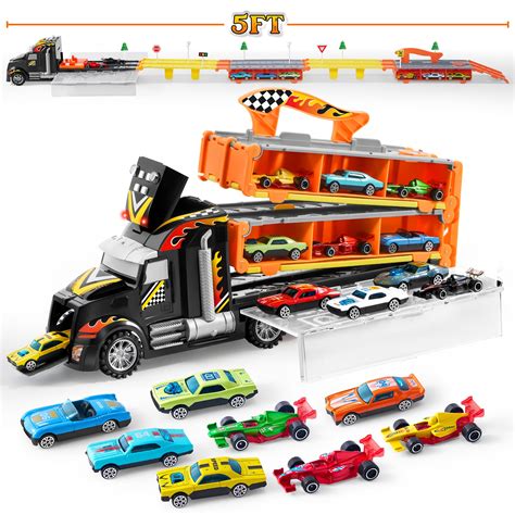 SYNCFUN Carrier Truck and 12 Die-Cast Metal Toy Play Vehicle with 5-FT ...