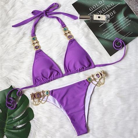 Para Praia Sexy 2022 Strass Bikini Push Up Banho Feminino Corrente Maiô