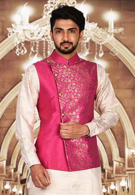 Buy Woven Art Silk Jacquard Nehru Jacket In Fuchsia Online MTE766