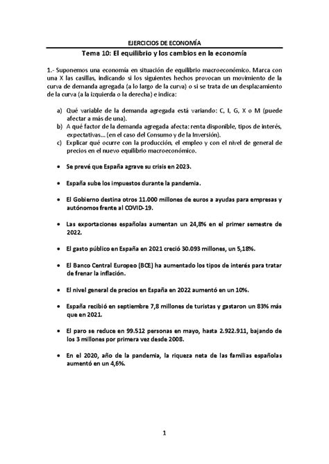 TEMA 10 Ejercicios El equilibrio y los cambios en la economía Enunciado