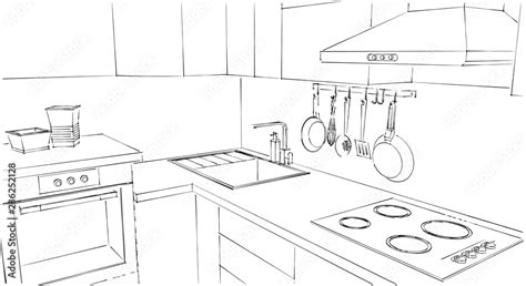 Kitchen Counter Close Up Sketch Drawing Wall Mounted Chimney Cooker