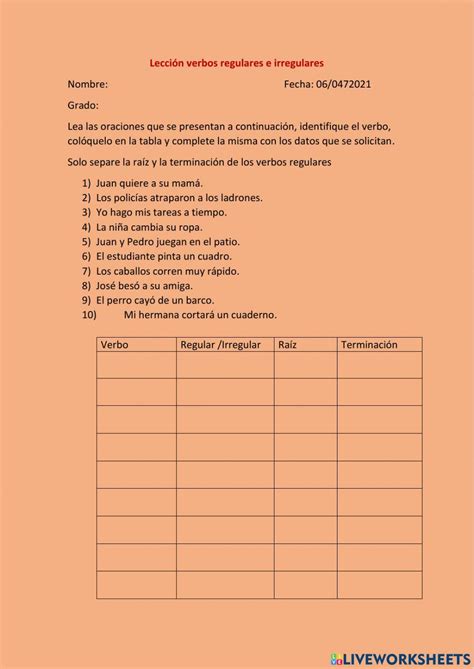 Lección Verbos Regulares E Irregulares Worksheet Live Worksheets