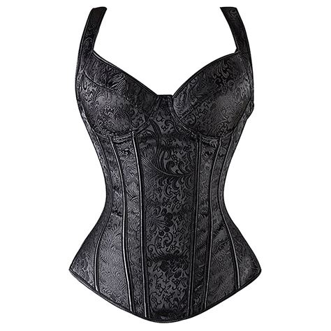 Steampunk Black Jacquard Brocade Corset Wide Shoulder Strap Espartilho Waist Trainer Corsets And