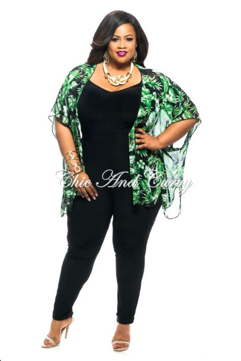 New Plus Size Sheer Short Sleeved Kimono In Black And Green Leaf Print