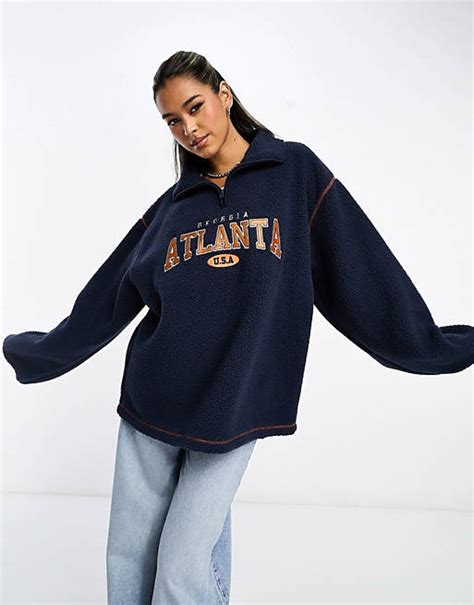 Asos Design Oversized Half Zip Borg Fleece With Atlanta Embroidery Asos