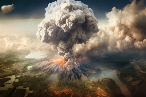 Vista aérea del volcán en erupción y la nube de ceniza creada con ia