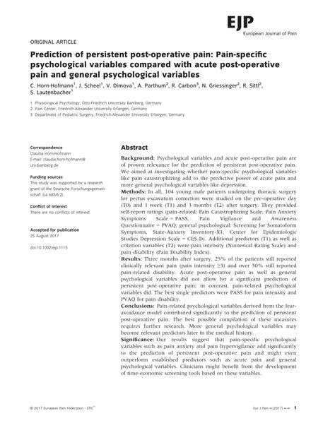 PDF Prediction Of Persistent Post Operative Pain Pain Specific