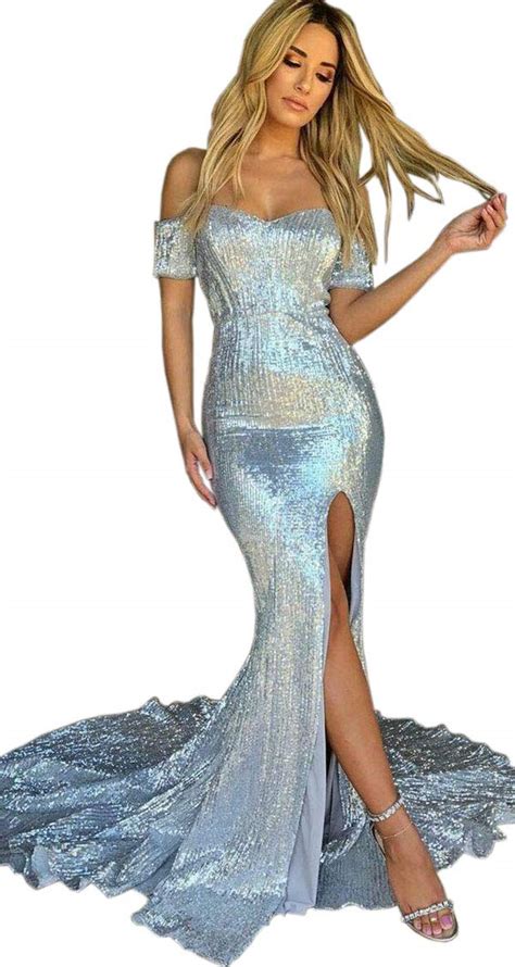 Onlyce Womens Shiny Off Shoulder Mermaid Long Prom Evening Dress With Slit Light Blue 22w