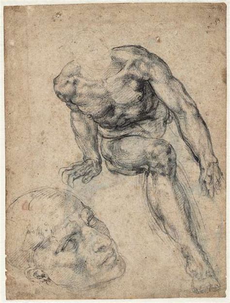 Michelangelo Study Of A Seated Male Nude And Of A Head For The