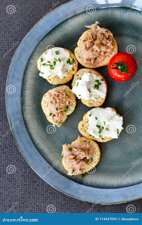 Tuna Fish Bruschetta Sandwich With Cottage Cheese Stock Photo Image