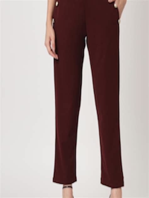 Buy Zastraa Women Burgundy Peg Leg Slim Fit High Rise Trousers