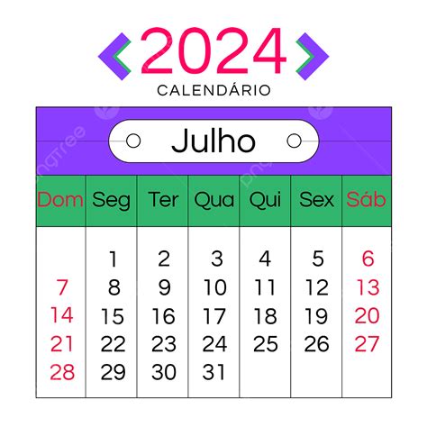 Calendário De Julho De 2024 Em Língua Portuguesa Roxa Png 2024