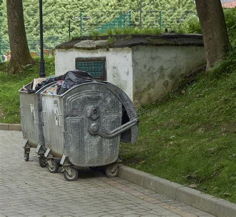 Metal Garbage Cans on Wheels. Two Trash Cans on the Street. Stock Image ...