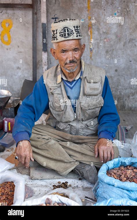 Leh Ladakh India The Main Bazaar Man Selling Dried Fruit And Nuts