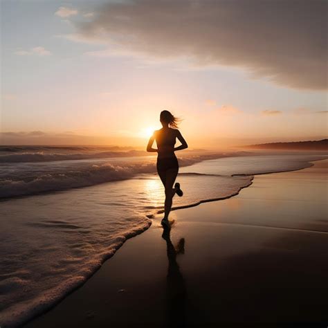 Mulher Jovem Correndo Na Praia Ao Nascer Do Sol Conceito De Fitness E