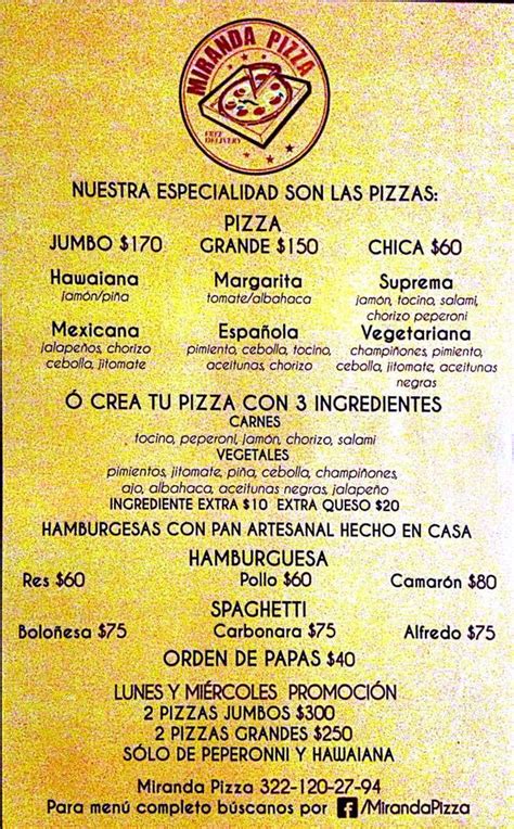 Menu At Miranda Pizza Restaurant Sayulita