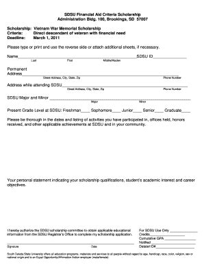 Fillable Online Sdstate SDSU Financial Aid Criteria Scholarship