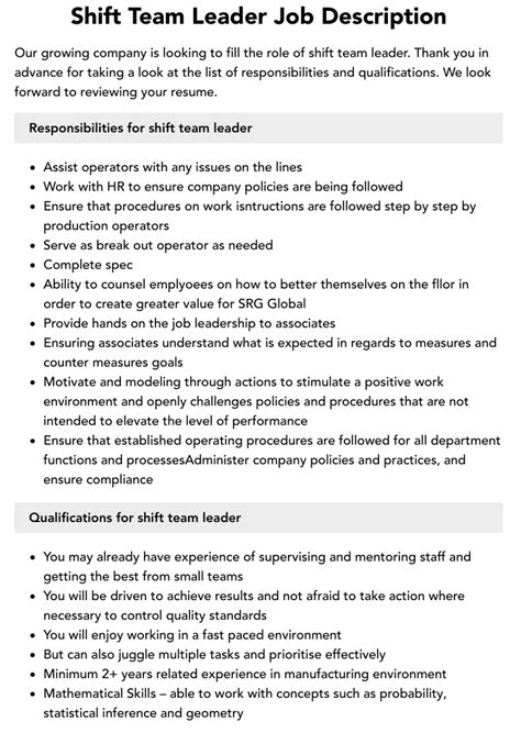 Shift Team Leader Job Description Velvet Jobs