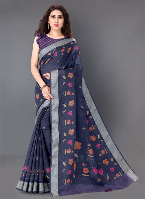 Buy Online Multi Colour Printed Linen Classic Saree 159229