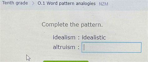 Solved Tenth Grade O1 Word Pattern Analogies Nzm Complete The Pattern Idealism Idealistic