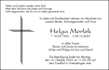 Traueranzeigen von Helga Morlok Schwarzwälder Bote Trauer