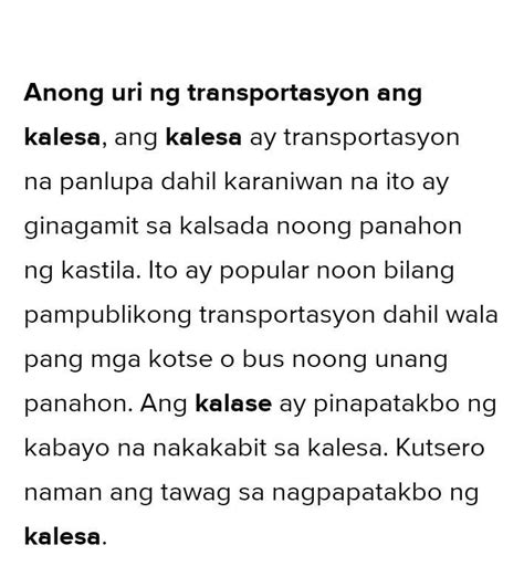 Anong Uri Ng Transportasyon Ang Kalesa Brainly Brainly Ph