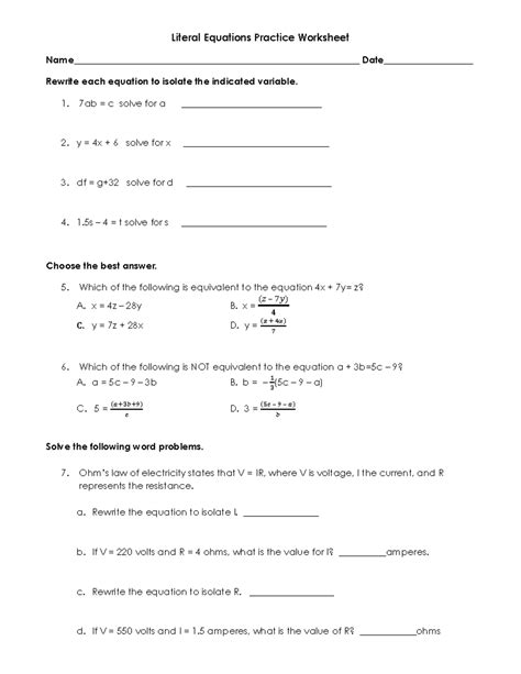 Literal Equations Ws Literal Equations Practice Worksheet