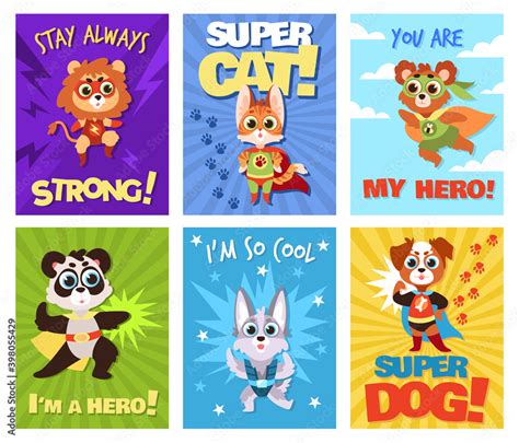 Hero animals cards. Children brave zoo superheroes with capes and masks ...