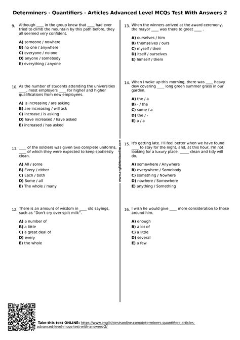 Solution Determiners Quantifiers Articles Advanced Level Mcqs Test