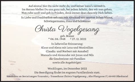 Traueranzeigen Von Christa Vogelsang Saarbruecker Zeitung Trauer De