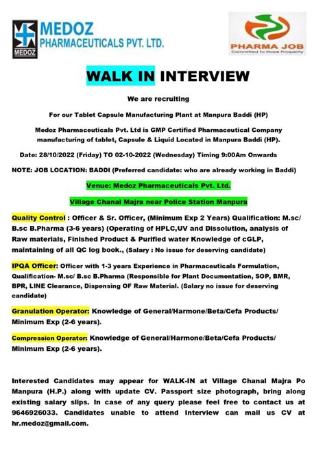 Medoz Pharmaceuticals Walk In Interview For Compression Granulation