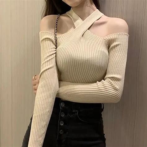 Heliar Women Cross Neck Halter Sweater Off Shoulder Jumpers Knit Long